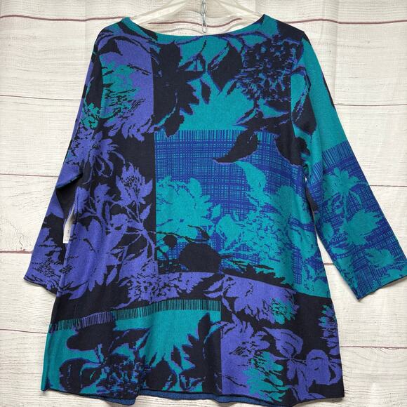 NWT Chico's size 3 (XL/16) Blue Teal Floral Print Knit Tunic Sweater 3/4 Sleeve - Picture 7 of 9